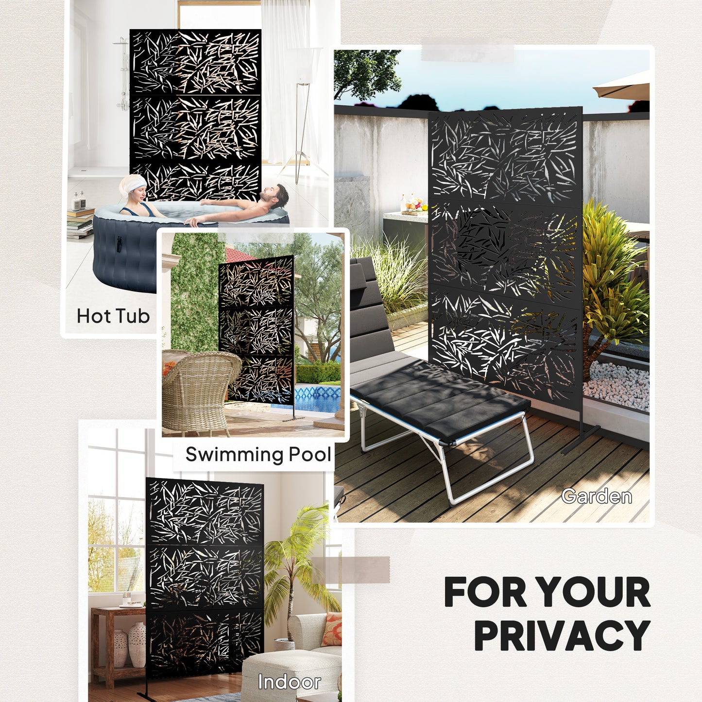 Outsunny Decorative Garden Privacy Screen with Stand, 6.5FT Freestanding Metal Outdoor Divider, Black
