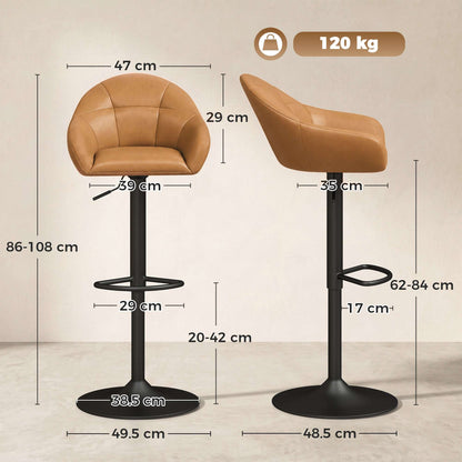 HOMCOM Bar Stools Adjustable Heights Breakfast Bar Stools Backrest Armrests Set of 2, Brown