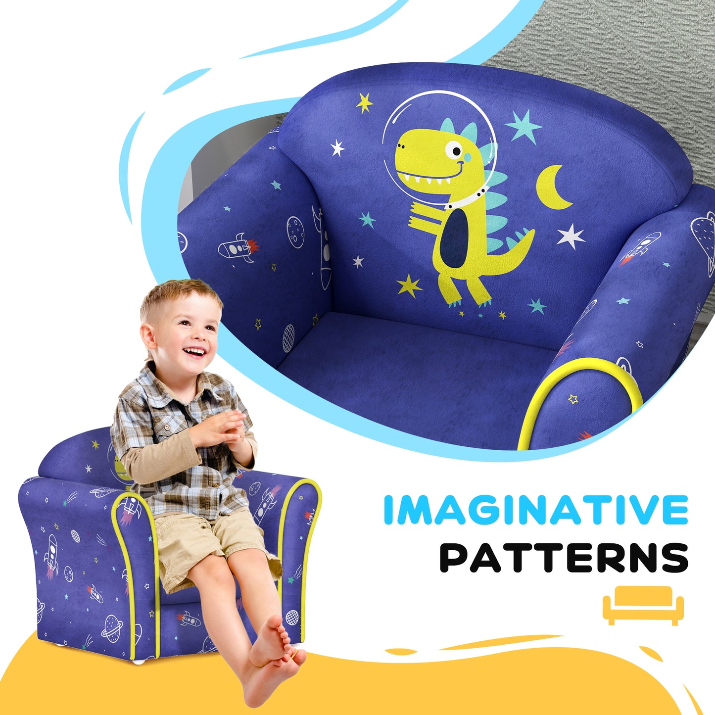 AIYAPLAY Kids Armchair with Planet Dinosaurs Design, Wooden Frame, for Bedroom, Playroom, Kids Room - Blue-Play Sofas-ChewyGames-ChewyGames