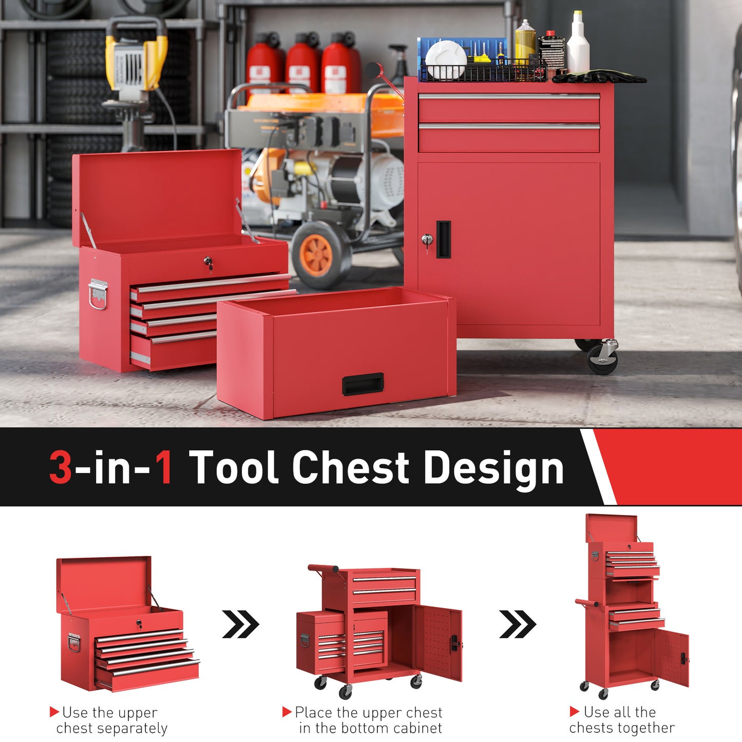 HOMCOM Three-Part Steel Locking Tool Chest - Red-Rolling Cabinets & Chests-ChewyGames-ChewyGames