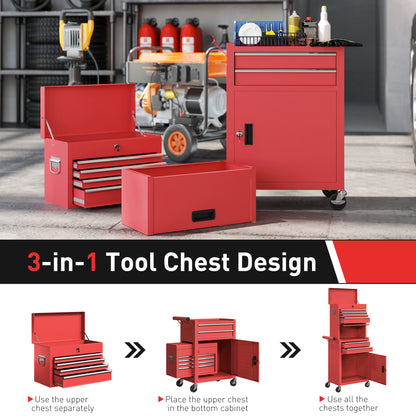 HOMCOM Three-Part Steel Locking Tool Chest - Red-Rolling Cabinets & Chests-ChewyGames-ChewyGames