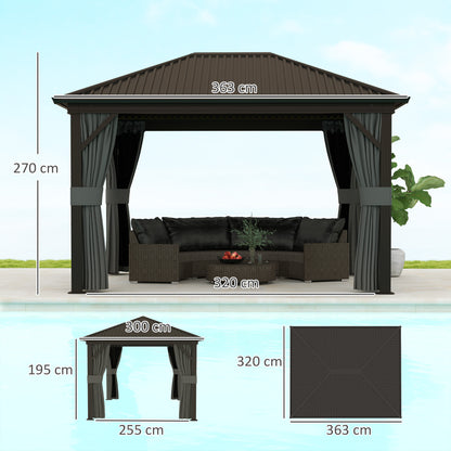 Outsunny 3.6 x 3 m Aluminium Hardtop Gazebo with Smart Drainage System and Ceiling Hooks- Dark Grey