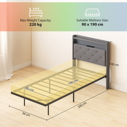 HOMCOM Floating Bed Frame, Upholstered 3ft Single Size Bed, Platform Bed with RGB LED Lights and Charging Station, Grey