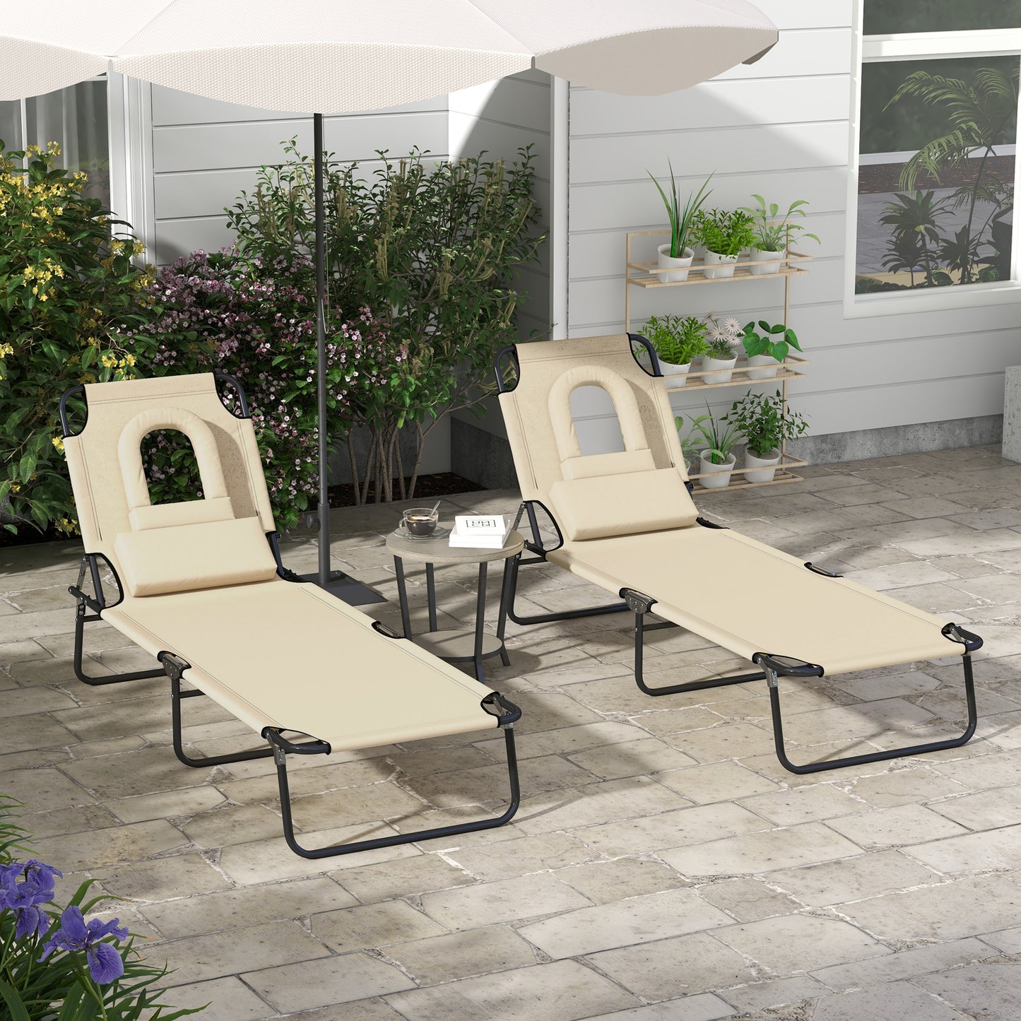 Outsunny Folding Sun Loungers Set of 2 with Face Hole, 4-Position Adjustable Backrest Garden Recliner Chairs Sunbeds, Outdoor Lounge Chairs with 600 D Oxford Cloth Seat, Pillow for Beach, Sand