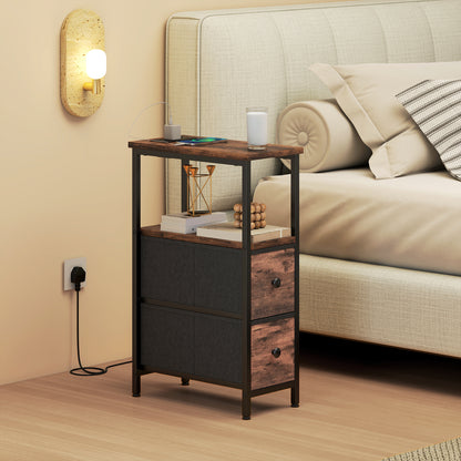 HOMCOM Side Table, Narrow Bedside Table with Charging Station, 2 Drawers, AC Outlet and 2 USB Ports for Living Room, Bedroom