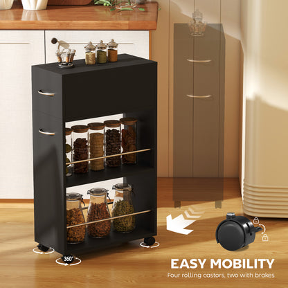 HOMCOM Rolling Storage Unit, 3-Tier Kitchen Cart Trolley with Drawer, Surface Top and 4 Universal Wheels, Black
