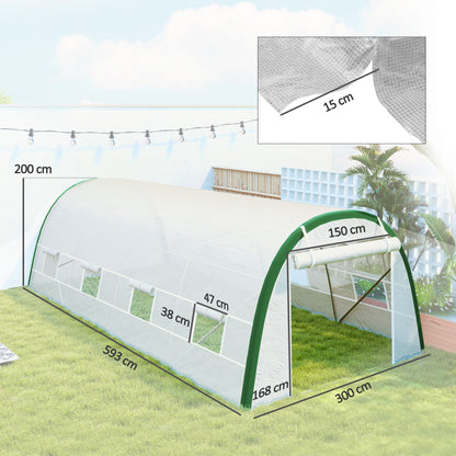 Outsunny Walk-in Polytunnel Greenhouse Tunnel Warm House Tent with Zipped Doors, 8 Mesh Windows, PE Cover, 6 x 3 m, White