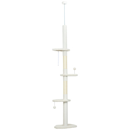 PawHut 225-255 cm Adjustable Cat Climbing Tower with Sisal Scratching Posts, 2 Hanging Play Balls and Anti-Tip Strap, Beige