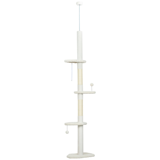 PawHut 225-255 cm Adjustable Cat Climbing Tower with Sisal Scratching Posts, 2 Hanging Play Balls and Anti-Tip Strap, Beige