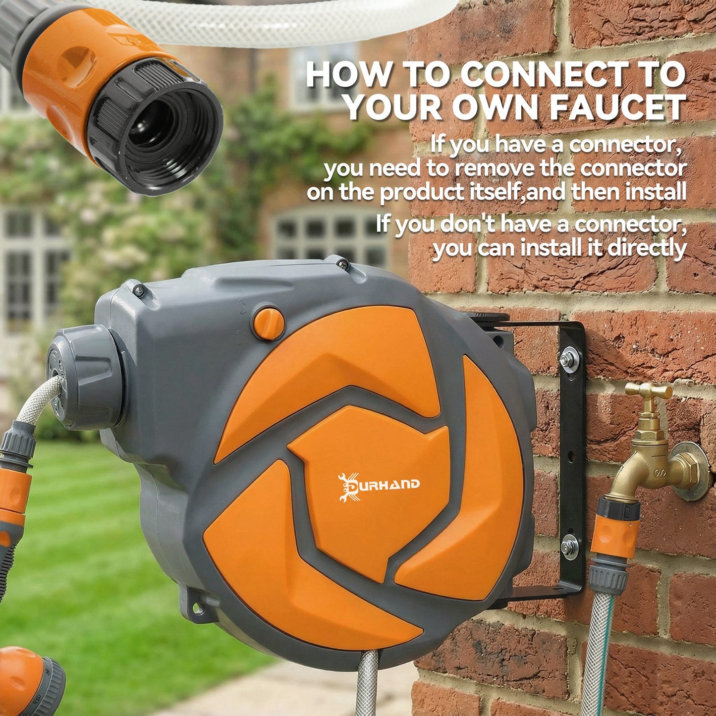 DURHAND 10m Garden Hose Reel Wall Mounted Auto Rewind with 7 Patterns Spray Nozzle, Includes Wall Fixings, Orange