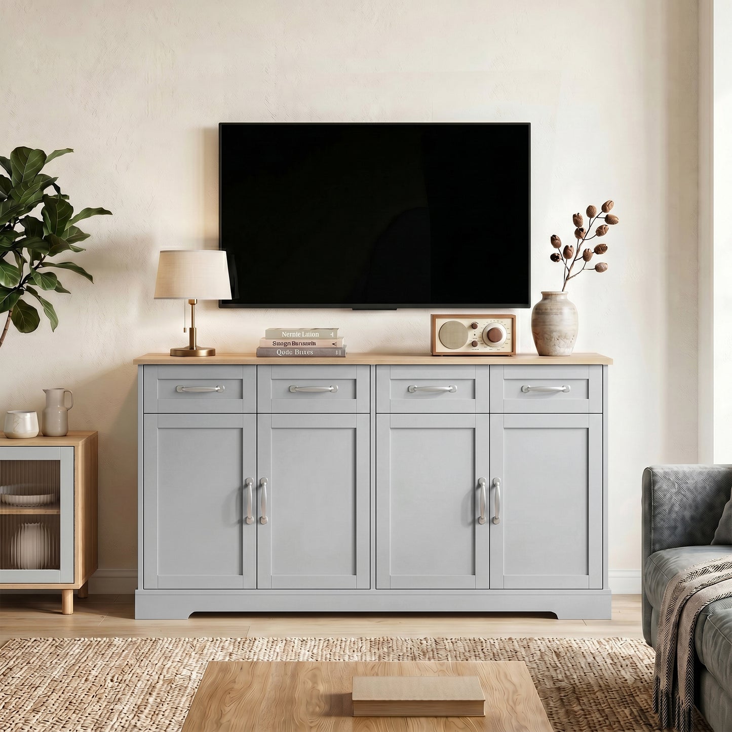 HOMCOM Sideboard Buffet Cabinet, 140 cm Kitchen Storage Cabinet with 4 Drawers, 4 Doors and 2 Adjustable Shelves, Grey