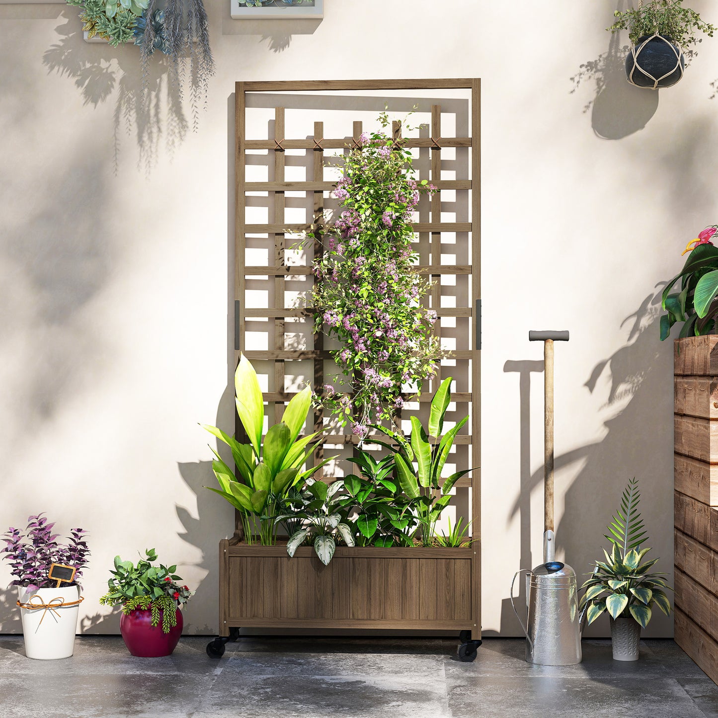 Outsunny Wooden Trellis Planter, Raised Garden Bed with Wheels, to Climb and Grow Vegetables, Herbs and Flowers, Brown
