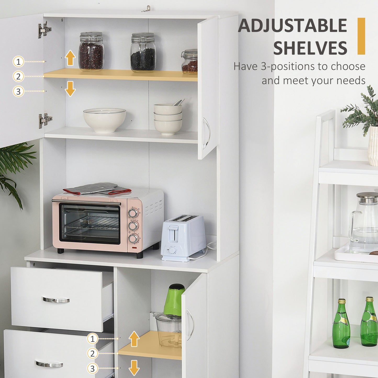 HOMCOM 183.5cm Free standing Kitchen Cupboard, Storage Cabinet with Doors and Sheleves, 3 drawers and Open Space, Adjustable Height Storage Unit, White