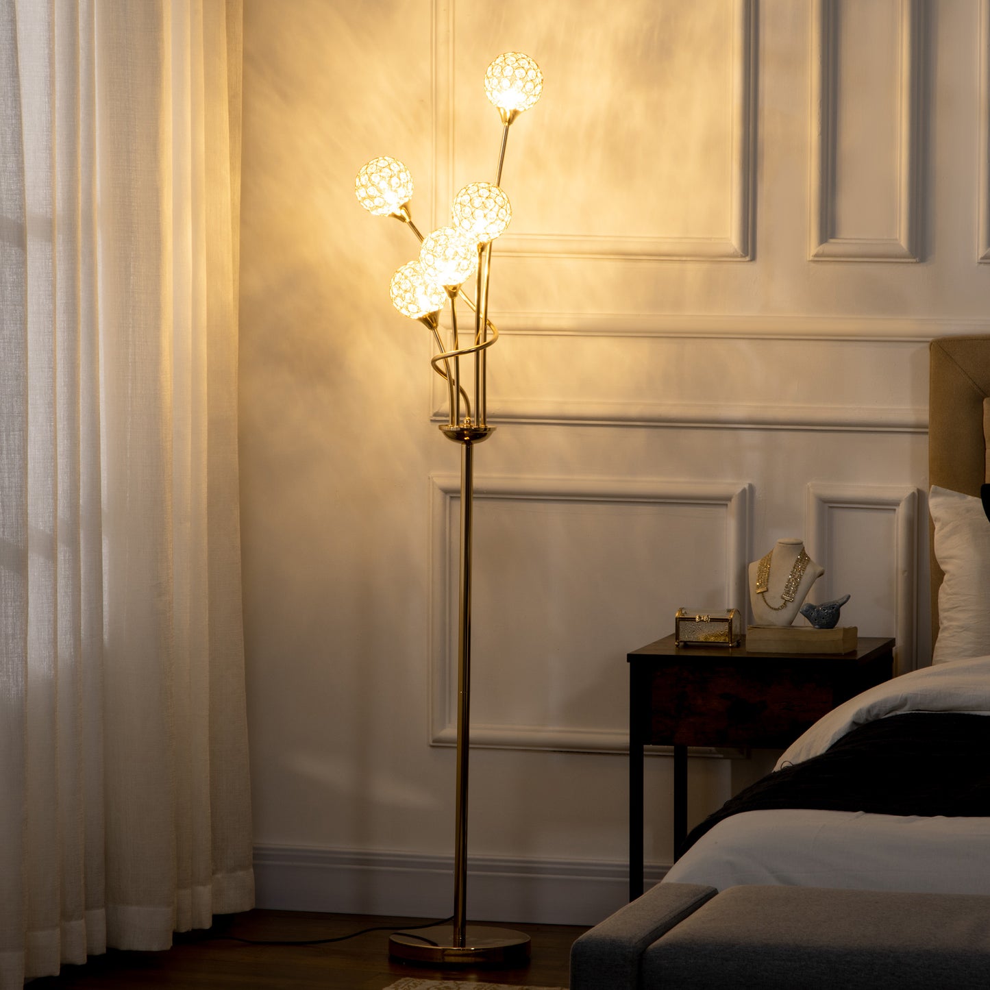 HOMCOM Crystal Floor Lamps for Living Room Bedroom with 5 Light, Modern Upright Standing Lamp, 34x25x156cm, Gold Tone