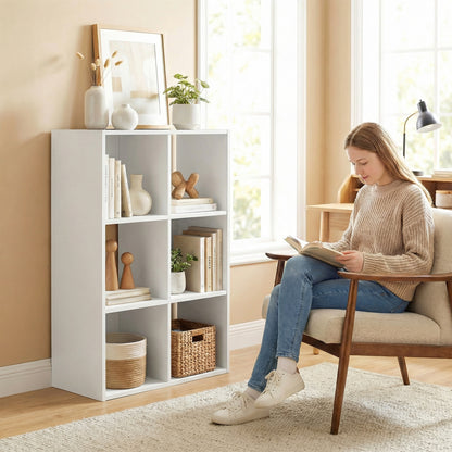 HOMCOM Industrial Style Storage Shelf, Bookcase, Bookshelf with 6 Compartments, for Living Room, Home Study, White Wood Effect