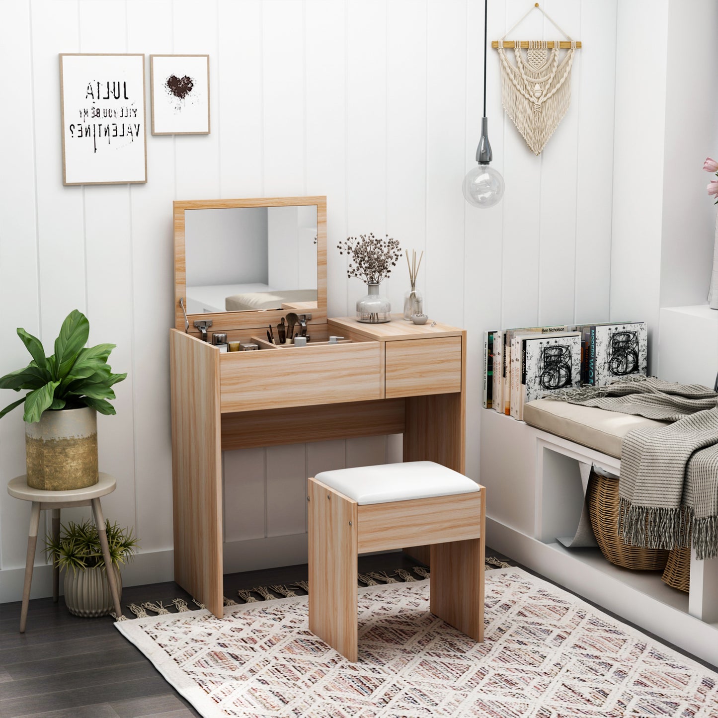 HOMCOM Dressing Table with Flip-Up Mirror and Cushioned Stool, Makeup Vanity Desk with Hidden Compartments and Storage Drawer, Convertible Writing Table for Bedroom, Natural