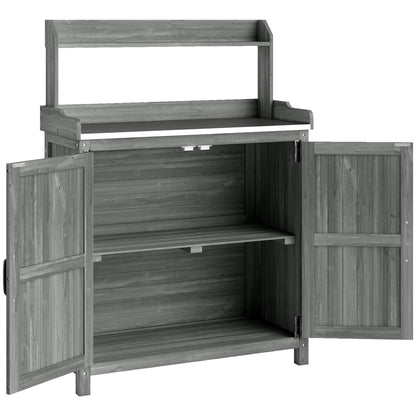 Outsunny Wooden Potting Bench Table with Aluminium Worktop, Outdoor Garden Workbench with Top Shelf and Cabinet Storage