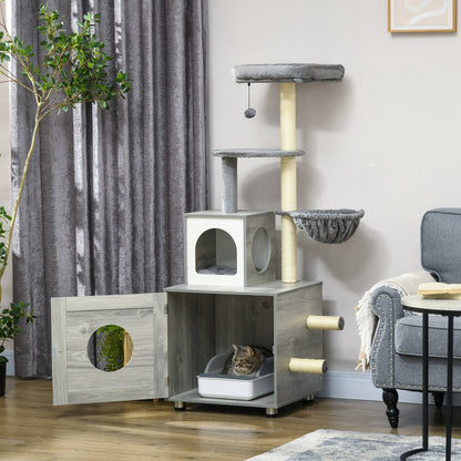 PawHut Enclosed Cat Litter Box with Cat House, Cat Bed, Scratching Posts, Platforms, for Indoor Cats - Grey