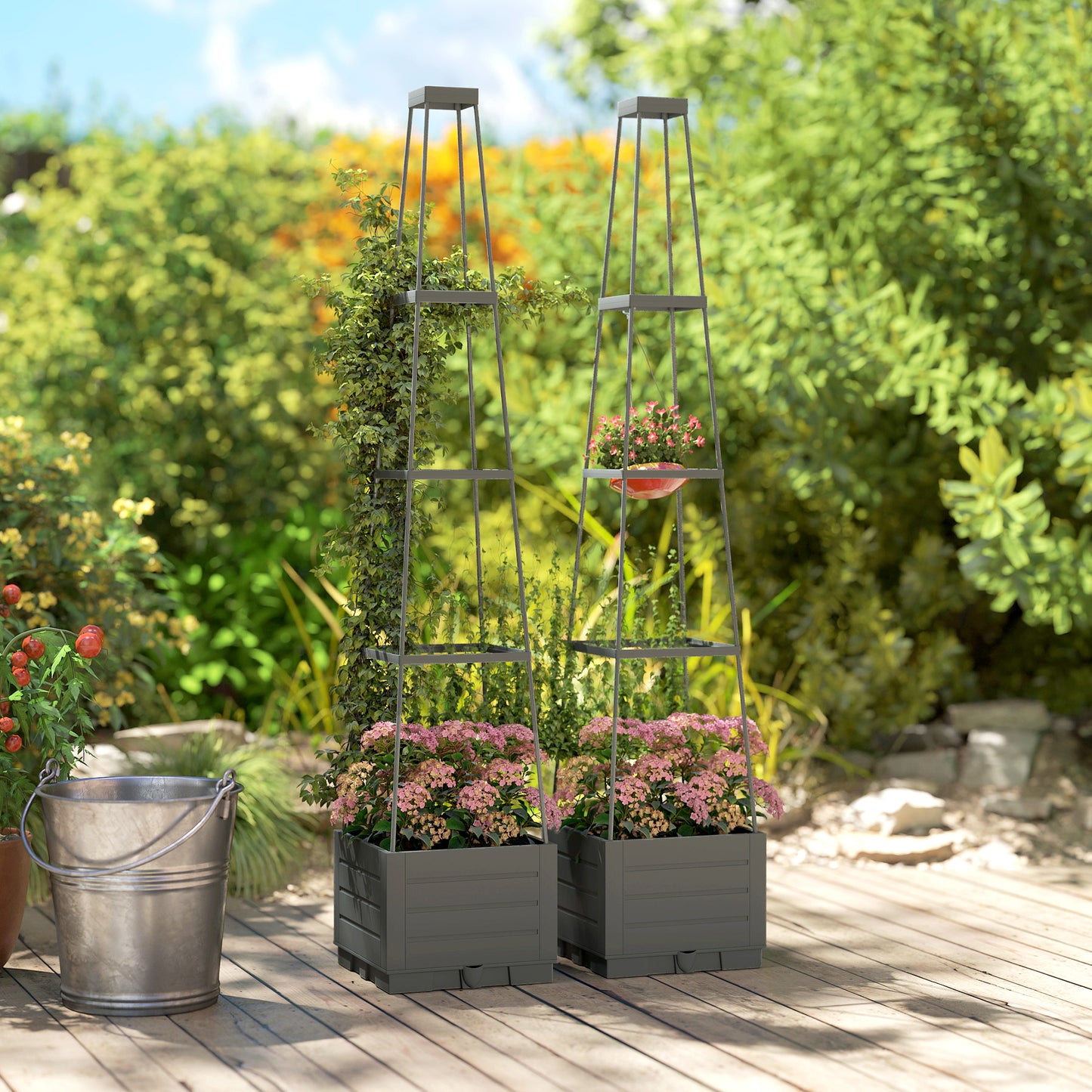 Outsunny 2 Pack Raised Garden Bed with Trellis, Plastic Outdoor Planter Box with Removable Drainage Tray