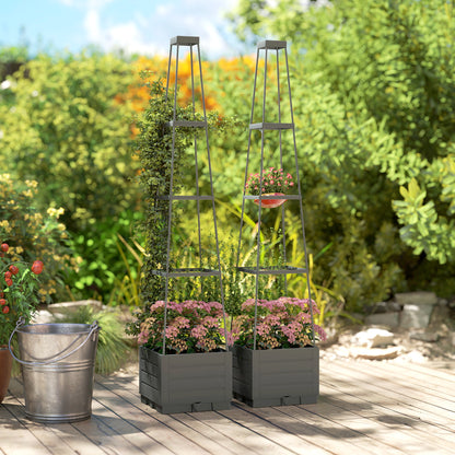 Outsunny 2 Pack Raised Garden Bed with Trellis, Plastic Outdoor Planter Box with Removable Drainage Tray