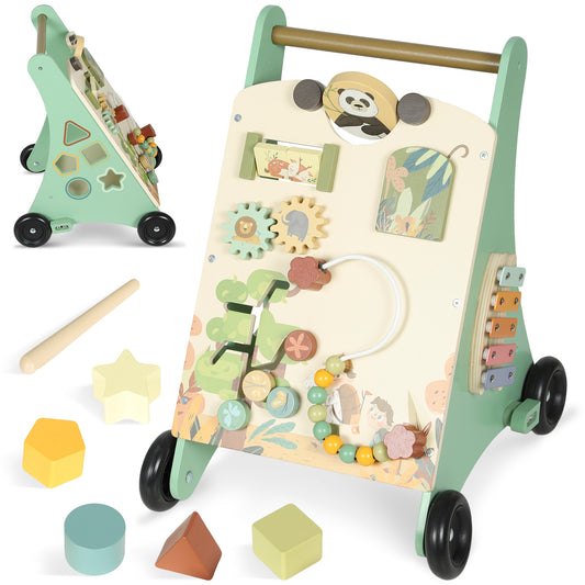 AIYAPLAY Wooden Baby Walker, Push Along Walker Toys with Speed Control, Xylophone, gears and Bead Maze, Green--ChewyGames-AIYAPLAY