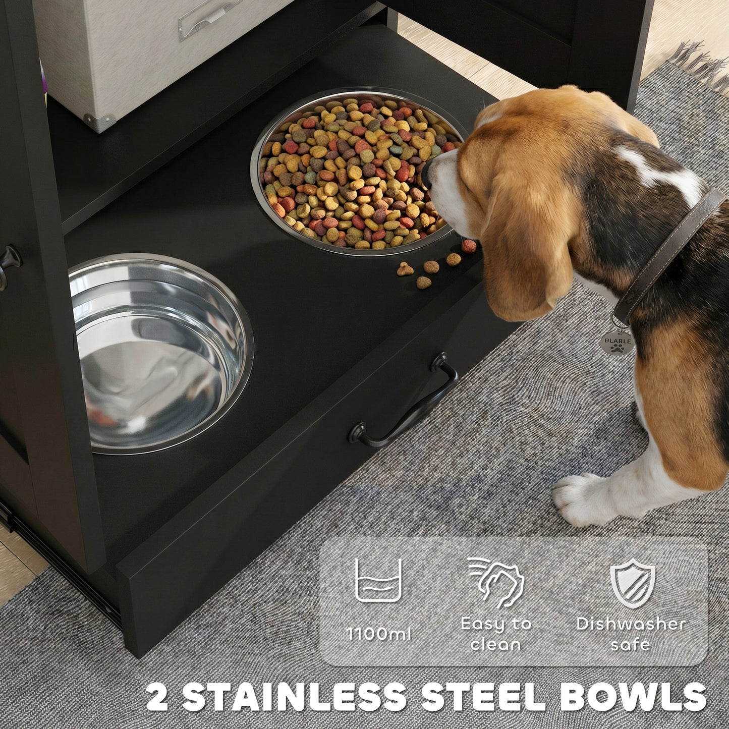 PawHut Pet Feeding Station with Raised Dog Bowls, Adjustable Panel, Hooks, Black