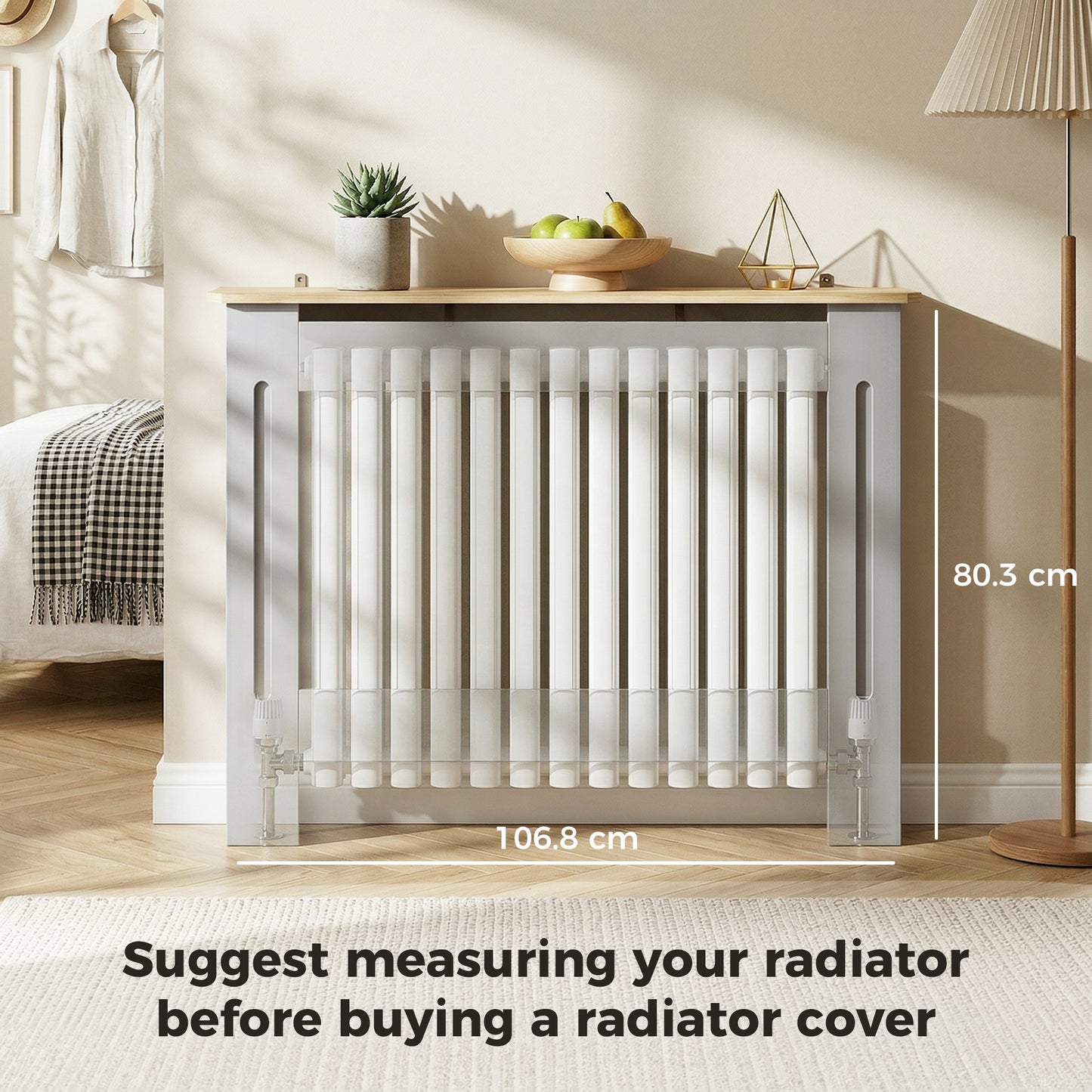 HOMCOM Slatted Radiator Cover, Painted Cabinet with Line Grill Design, 112L × 19W × 81H cm, Grey