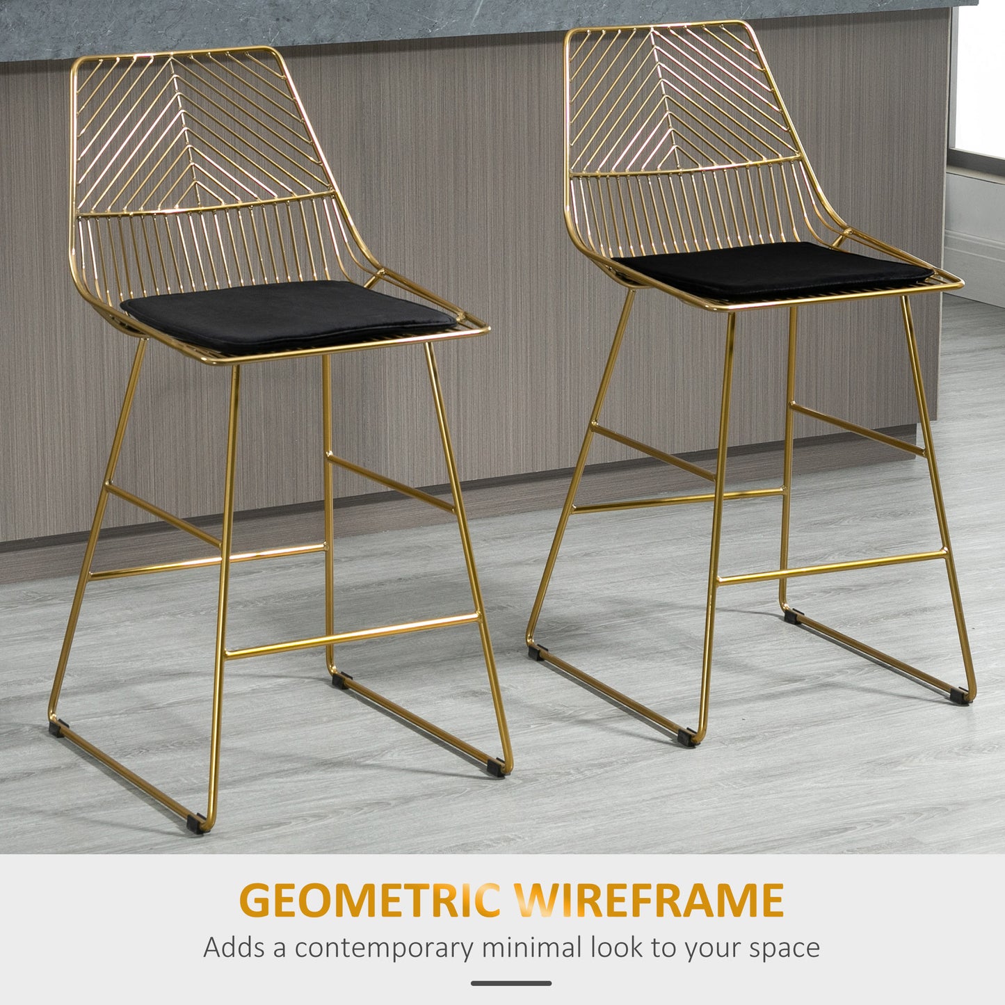HOMCOM Set of 2 Bar Stools, Modern Counter Height Breakfast Bar Chairs with Wire Metal Frame for Kitchen, Dining Room, Gold