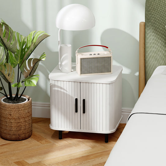 HOMCOM Nightstand with Sliding Doors and Metal Legs White Wood Effect