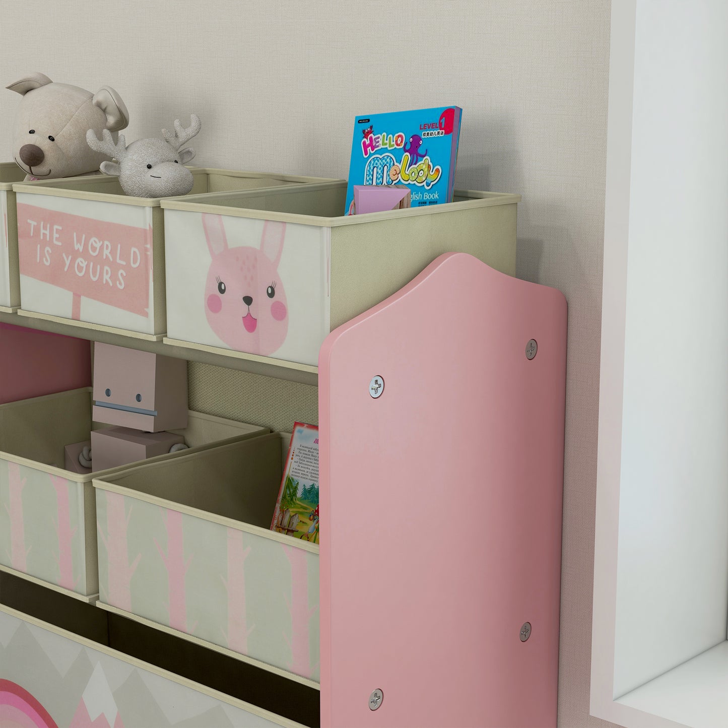 ZONEKIZ Toddler Bed Frame, Kids Storage Shelf Unit with 6 Fabric Bins for Ages 3-6 Years, Pink--ChewyGames-ChewyGames