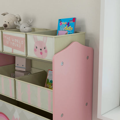 ZONEKIZ Toddler Bed Frame, Kids Storage Shelf Unit with 6 Fabric Bins for Ages 3-6 Years, Pink--ChewyGames-ChewyGames