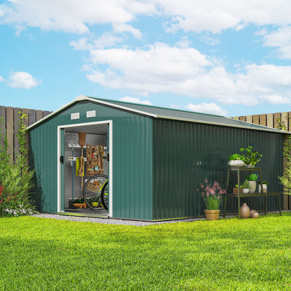 Outsunny 12.5ft Sliding Door Durable Steel Storage Shed with 4 Ventilation Outdoor, Green