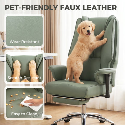 HOMCOM Executive Office Chair, Reclining Desk Chair with Footrest, Adjustable Armrests, Pet Friendly Faux Leather, Green