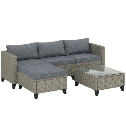 Outsunny 5-Piece Rattan Patio Furniture Set with Corner Sofa, Footstools, Coffee Table, for Poolside, Dark Grey