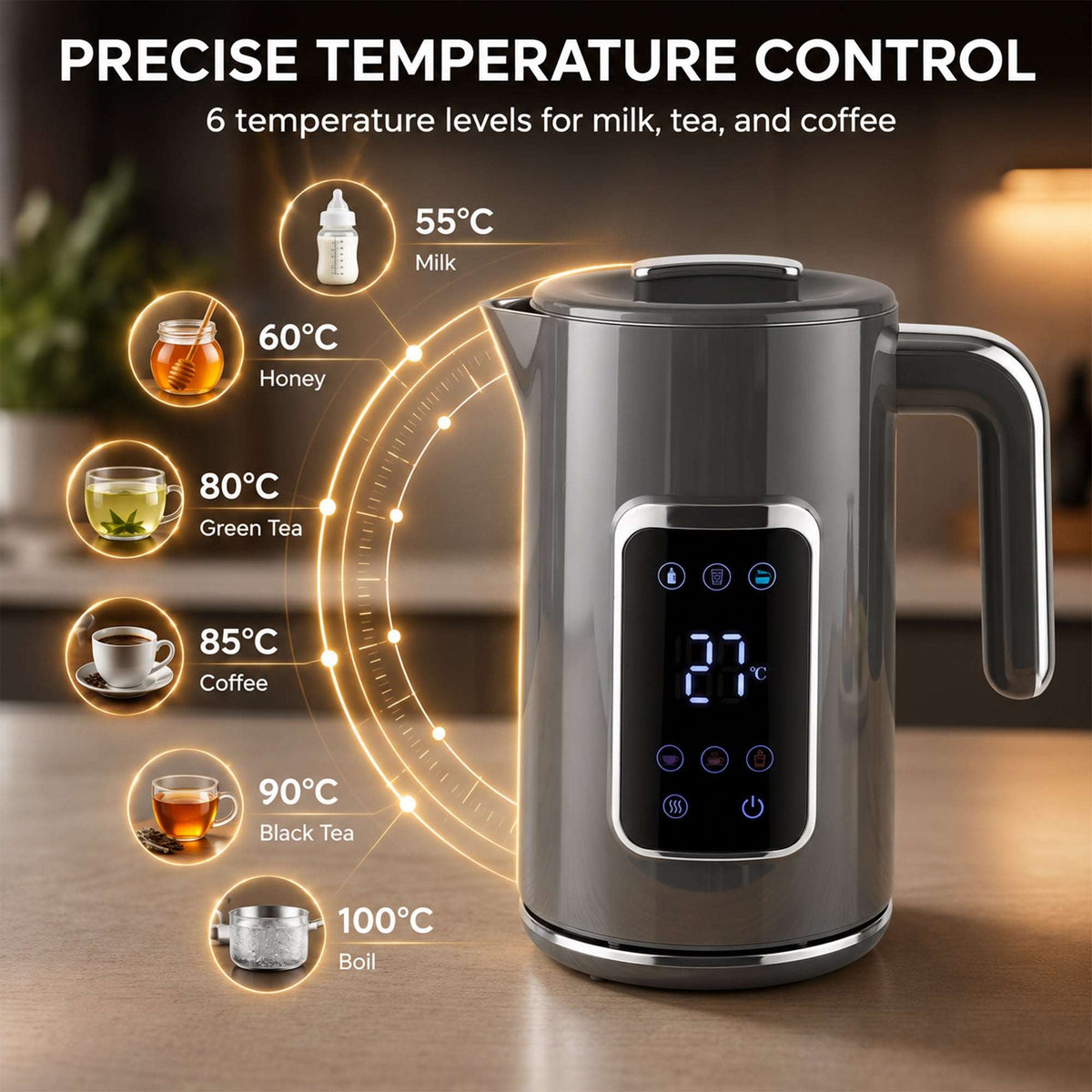 HOMCOM Electric Kettle, 1.7L Fast Boil 3000W Water Kettle with LED Display, Adjustable Temperature, Keep Warm Function, Grey