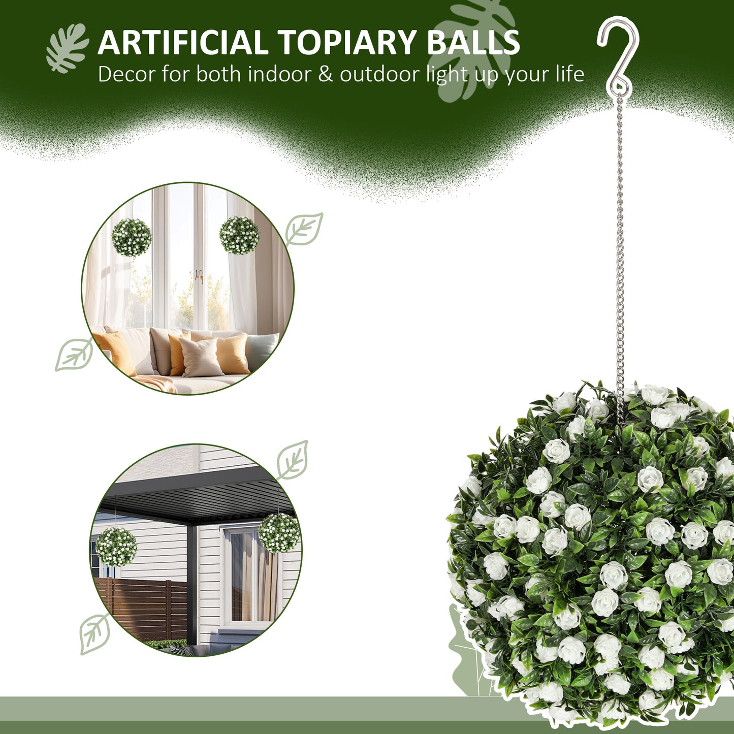 HOMCOM Set of 2 Decorative Artificial Plants, UV-protected Artificial Plant Topiary Rose Balls, Fake Plants for Home Indoor outdoor Decor, 28cm, White-Artificial Non-Flowering Plants-ChewyGames-ChewyGames