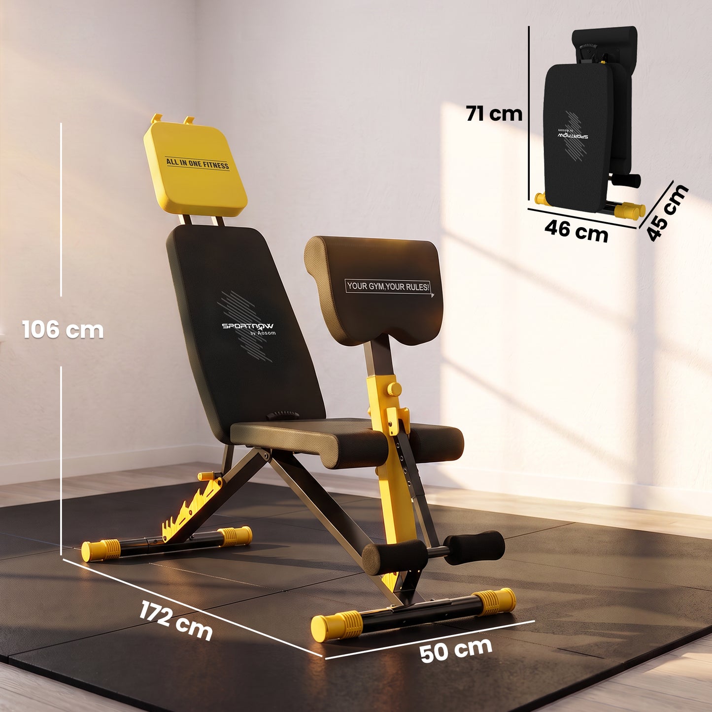 SPORTNOW Adjustable Weight Bench for Home Gym, 300kg Incline Decline Flat Foldable Bench Press with 7 Backrest Positions, Yellow