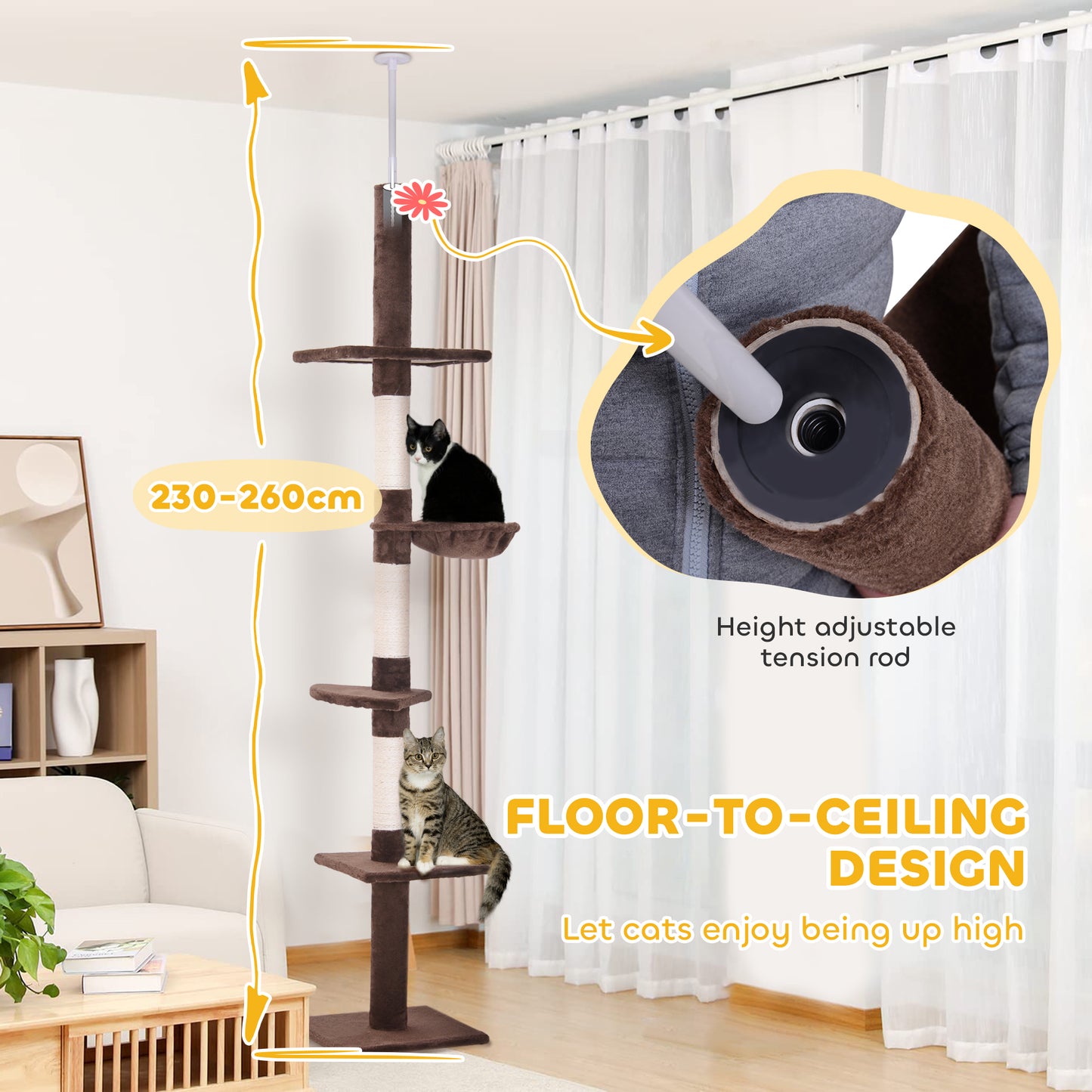 PawHut Floor to Ceiling Cat Tree 230-260cm Height Adjustable, 5-Tier Cat Tower with Scratching Posts, Hammock, Perches, Climbing Activity Centre for Indoor Kittens Playing and Relaxing, Brown