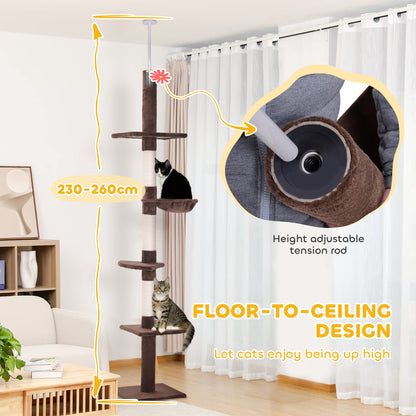 PawHut Floor to Ceiling Cat Tree 230-260cm Height Adjustable, 5-Tier Cat Tower with Scratching Posts, Hammock, Perches, Climbing Activity Centre for Indoor Kittens Playing and Relaxing, Brown