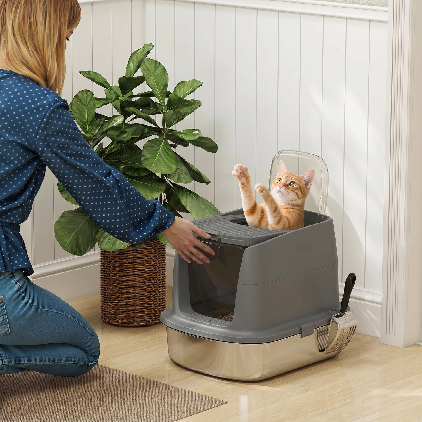 PawHut Large Stainless Steel Litter Box, Enclosed Metal Cat Litter Tray with Scoop, Deodoriser Bag, Front-Entry and Top-Exit