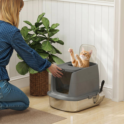 PawHut Large Stainless Steel Litter Box, Enclosed Metal Cat Litter Tray with Scoop, Deodoriser Bag, Front-Entry and Top-Exit
