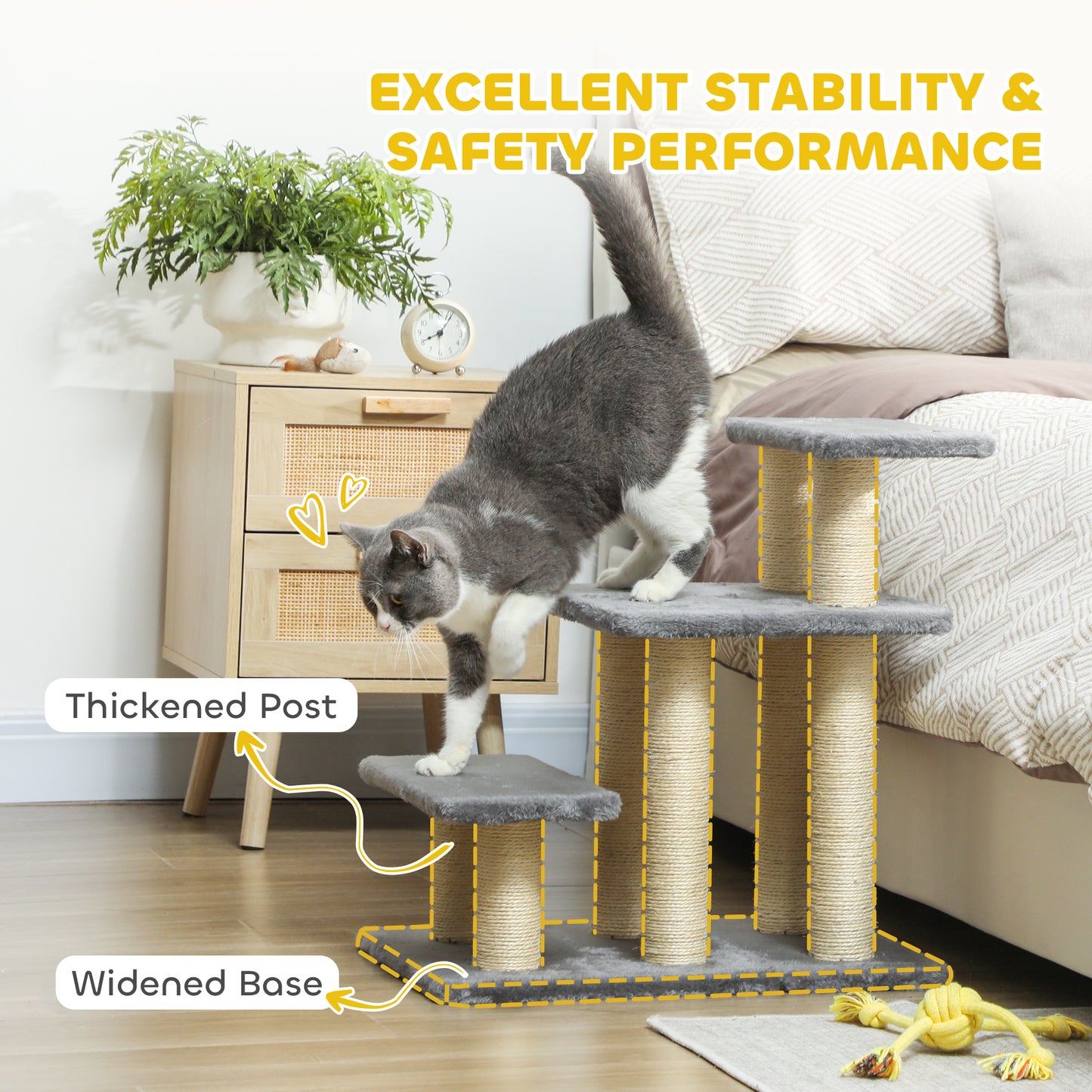 PawHut Dog Steps for Bed, 3 Step Adjustable Pet Stairs for Sofa with 6 Sisal Scratching Posts for Small Dogs & Cats, Grey