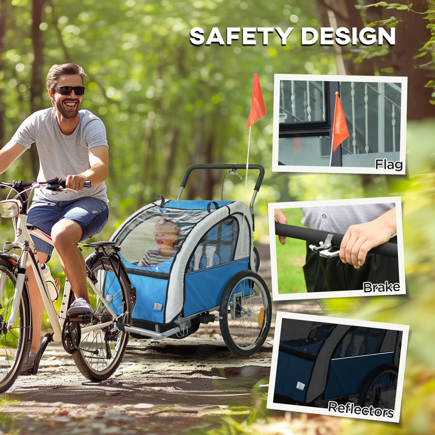 HOMCOM 2 Seat Bike Trailer with 5 Point Harness, Baby Bike Stroller with Safety Flag, Reflectors, for 18+ Months, Blue