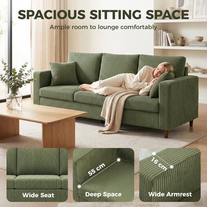 HOMCOM 3 Seater Sofa with Wide Seat, Corduroy Fabric Couch with Deep Seat, Spring Cushion, Green