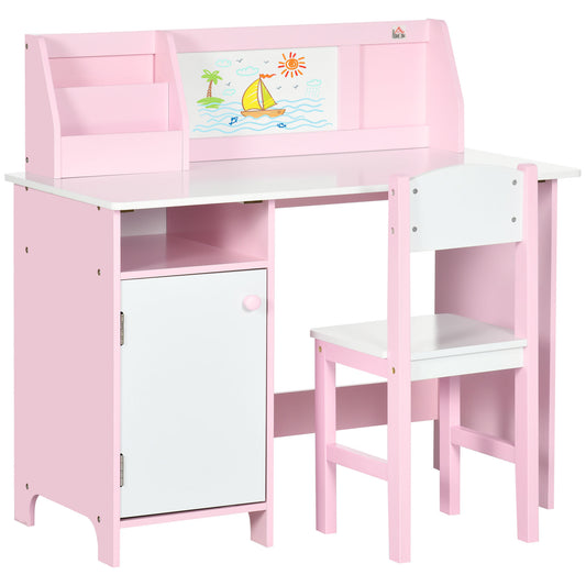 HOMCOM Kids Desk And Chair Set 2 PCs Childrens Table And Chair Set Multi Use Toddler Furniture with Whiteboard, Storage - Pink