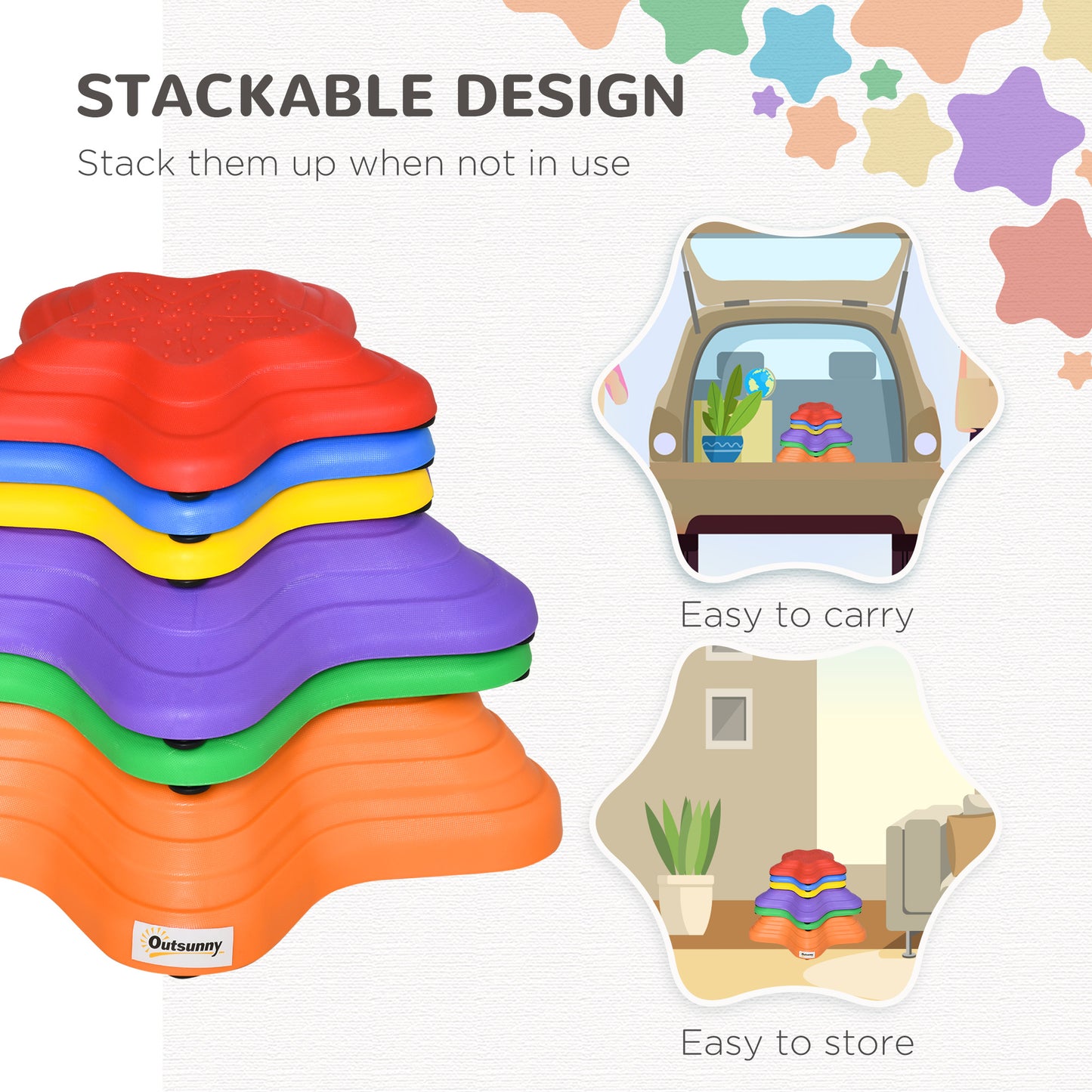 Outsunny Balance Stepping Stones Kids, 6-Piece Starfish Style Non-slip Obstacle Course, Stackable Balance Blocks, Garden Sensory Toys for Toddler 3-8 Years, Indoor Outdoor, Multicoloured