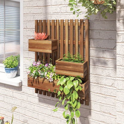 Outsunny Set of 2 Wall-mounted Wooden Garden Planters with Trellis, Drainage Holes and Movable Planter Boxes, Wall Raised Garden Bed for Patio, Carbonised