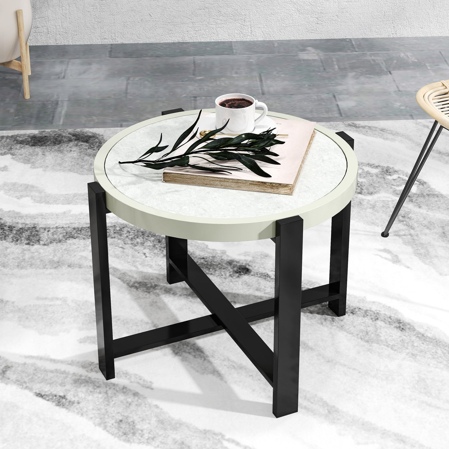 Outsunny Round Small Garden Table, 60cm Outdoor Side Table with Faux Marble Tempered Glass Top, Aluminium Frame for Garden, Patio, Balcony, Light Grey