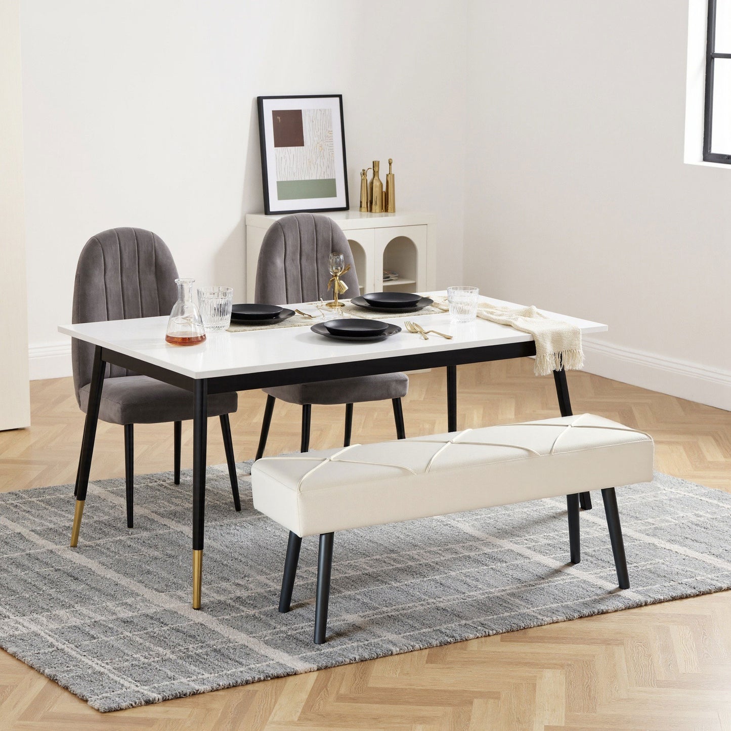 HOMCOM Upholstered Hallway Bench, End of Bed Bench with X-Shape Design and Steel Legs, Cream