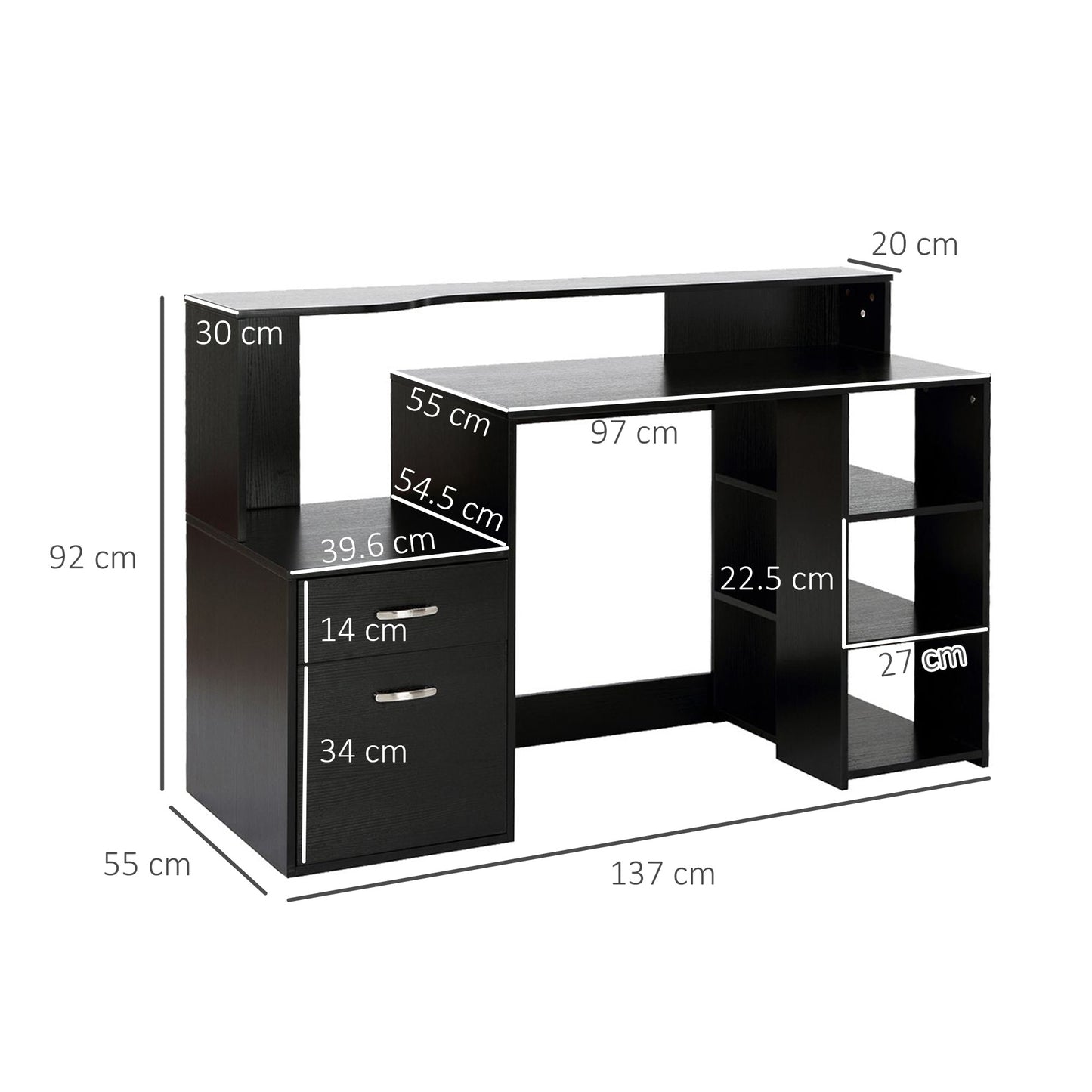 HOMCOM Computer Desk with Drawers and Storage Shelves, Office Desk Writing Table with Printer Stand, Black